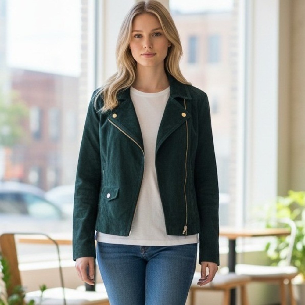 Isaac Mizrahi Suede Moto Jacket Womens 10 Green Floral Lining A293552